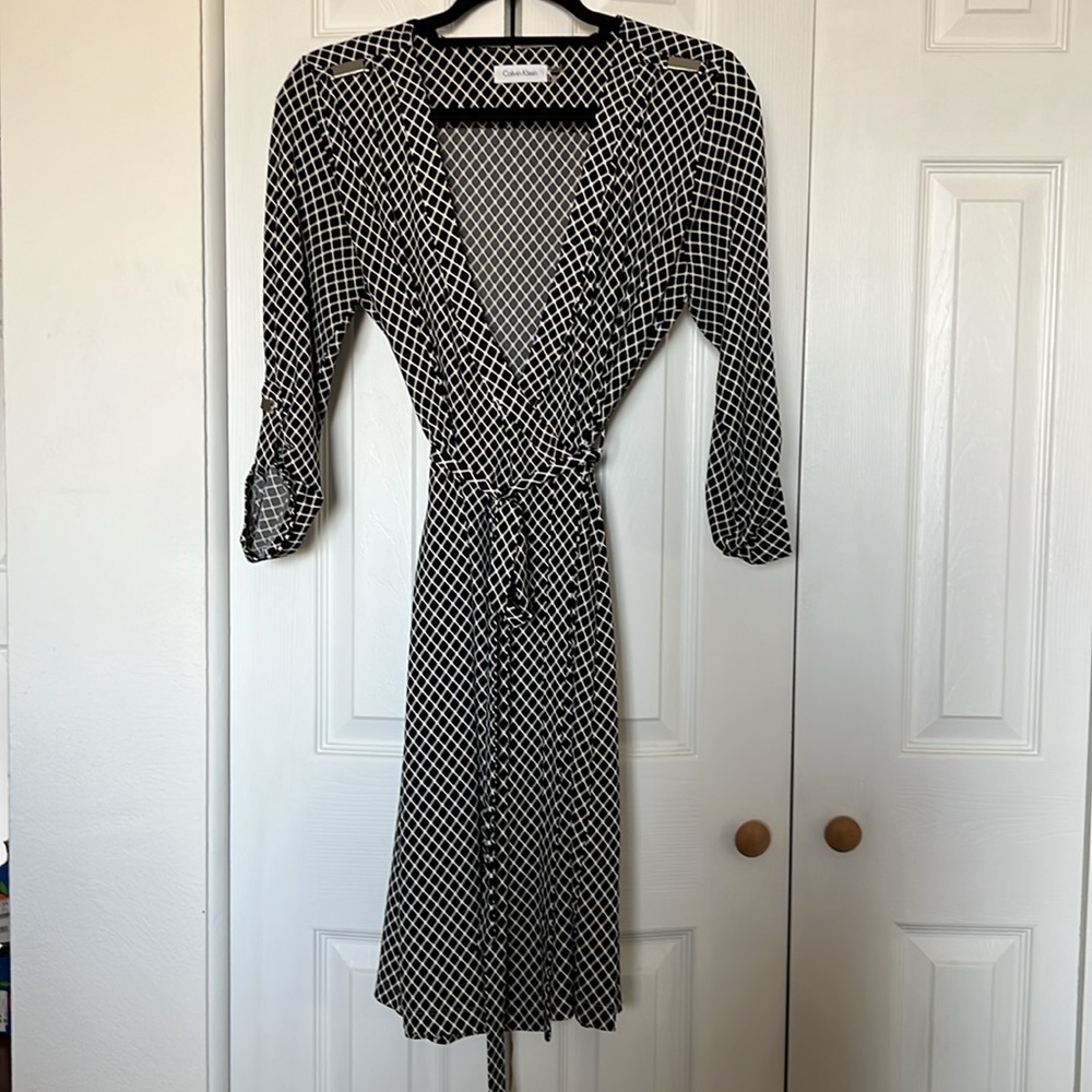Calvin Klein Black and White Wrap Dress with Cuffed Sleeves